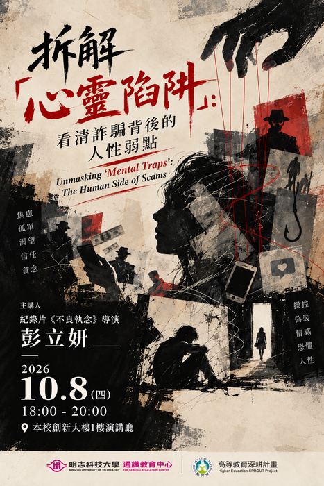 【人文講座】敬邀參與115/10/08(四) 18:00-20:00「拆解『心靈陷阱』：看清詐騙背後的人性弱點」圖片